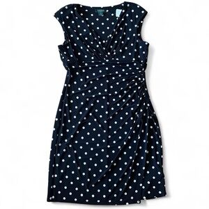 Black & white polka dot Ralph Lauren faux wrap dress sz 14 NWT old money classic